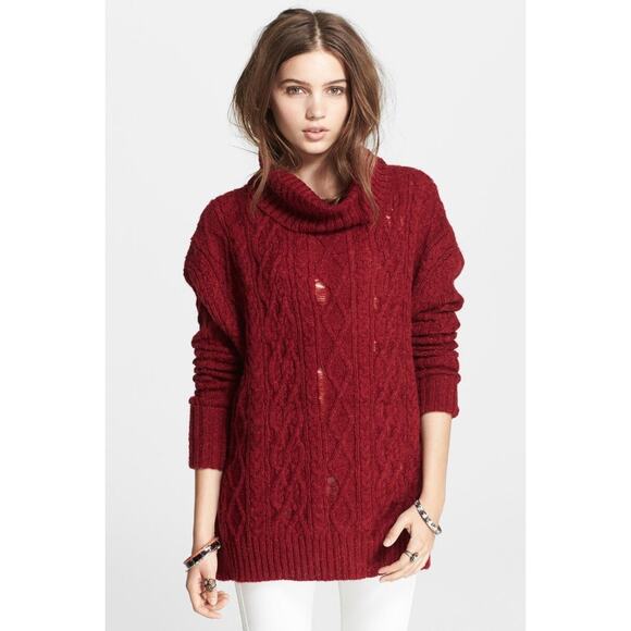 Free People Deep Red Complex Cable Knit Cowl Neck Sweater Medium Wool Alpaca - Picture 1 of 8